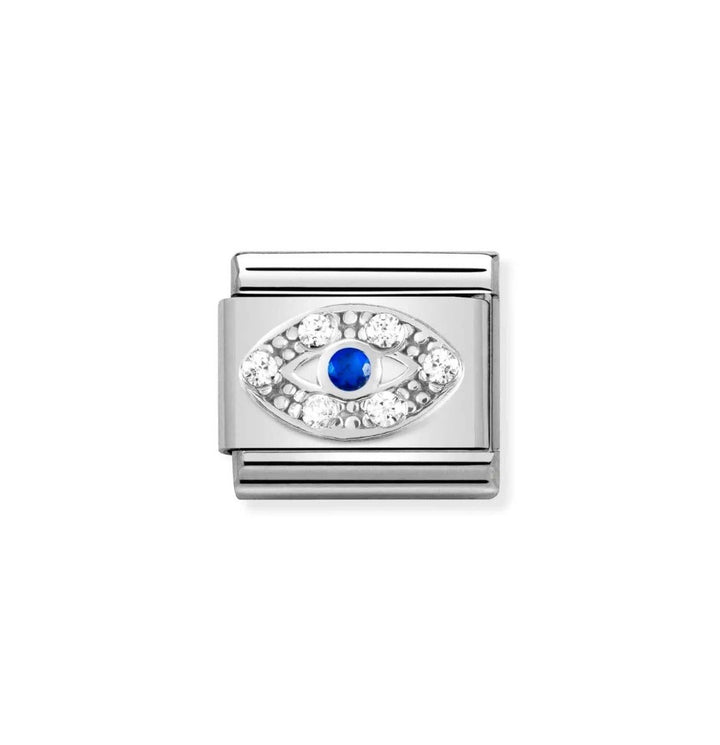 Niche Jewellery silver charm with an evil eye design, featuring white zirconia stones and a blue zirconia centre.