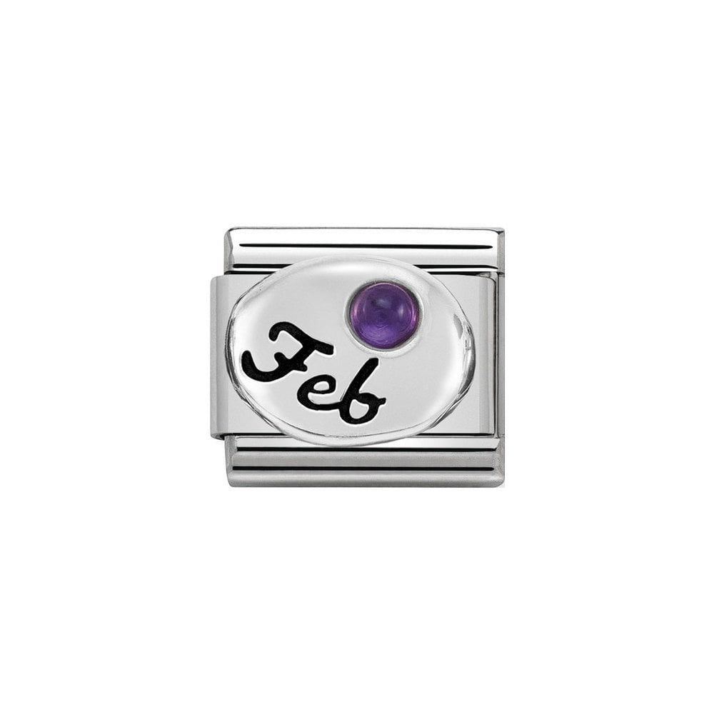 Niche Jewellery silver charm with 'Feb' engraving and a purple amethyst zirconia stone, for Nomination bracelets.