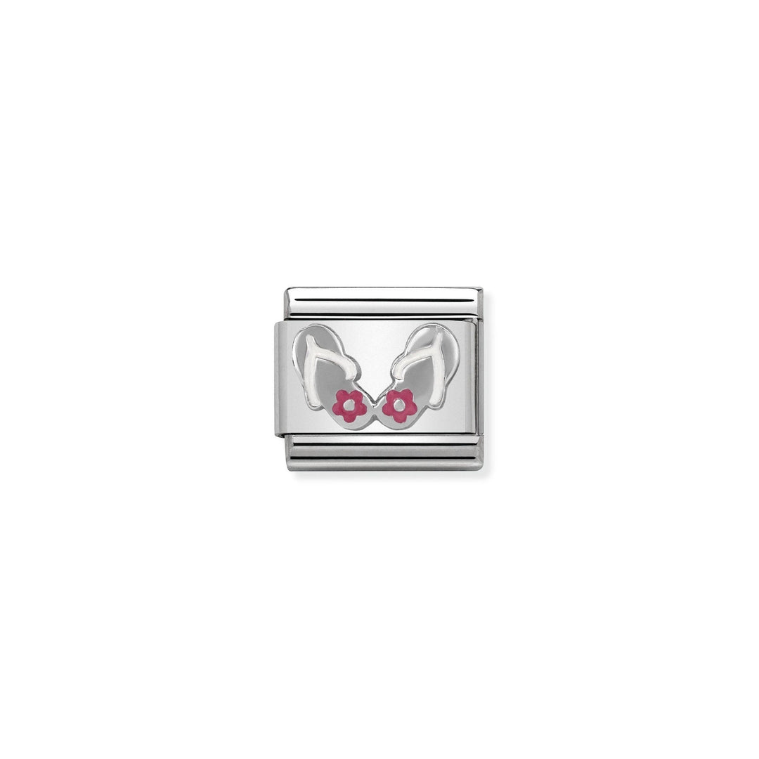 Niche Jewellery silver charm with white flip flops and pink enamel flowers, crafted from stainless steel and 18k gold.