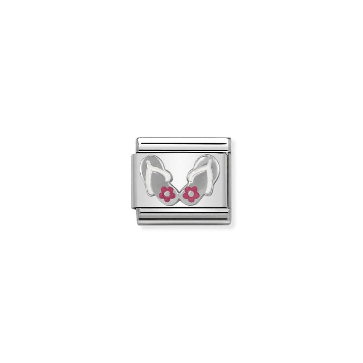Niche Jewellery silver charm with white flip flops and pink enamel flowers, crafted from stainless steel and 18k gold.