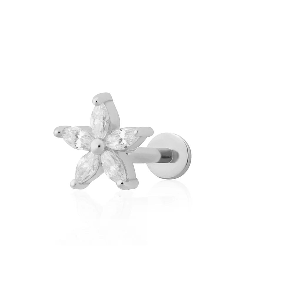 Niche Jewellery Scream Pretty sterling silver stud earring featuring a sparkling marquise-cut flower flat back design.