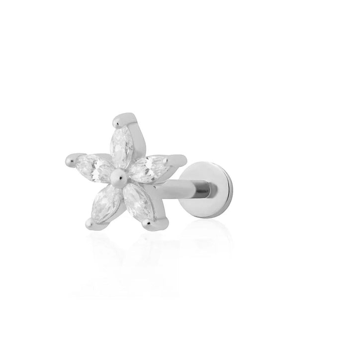 Niche Jewellery Scream Pretty sterling silver stud earring featuring a sparkling marquise-cut flower flat back design.