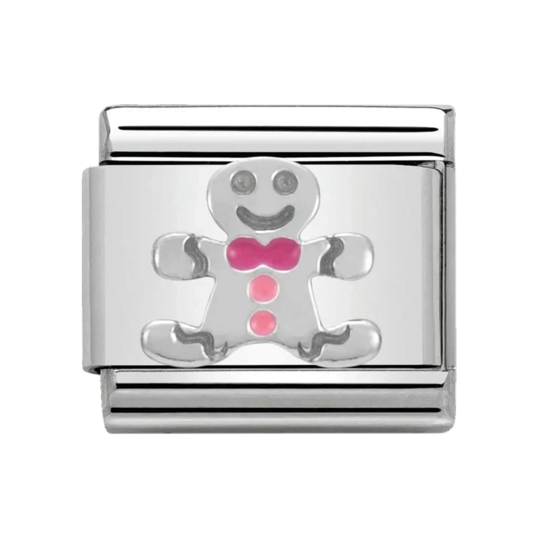 Niche Jewellery Nomination silver charm featuring a gingerbread man with pink enamel details for a charm bracelet.
