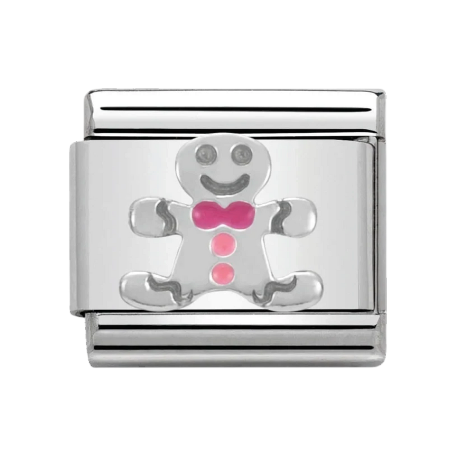 Niche Jewellery Nomination silver charm featuring a gingerbread man with pink enamel details for a charm bracelet.