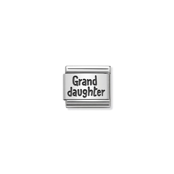 Niche Jewellery silver oxidised Nomination charm featuring the word Granddaughter in black script
