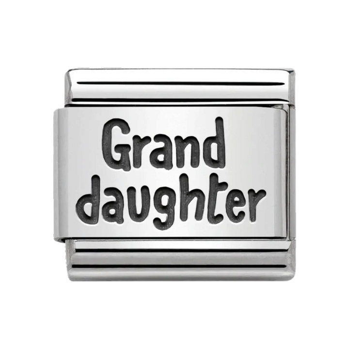 Niche Jewellery silver oxidised Nomination charm featuring the word Granddaughter in black script
