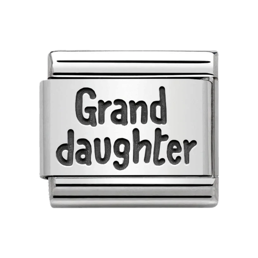 Niche Jewellery silver oxidised Nomination charm featuring the word Granddaughter in black script