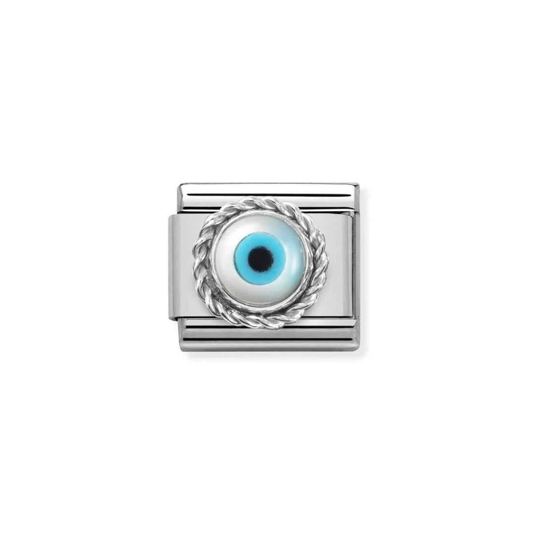 Niche Jewellery silver charm with a blue and white Greek eye design, set in a twisted silver band.