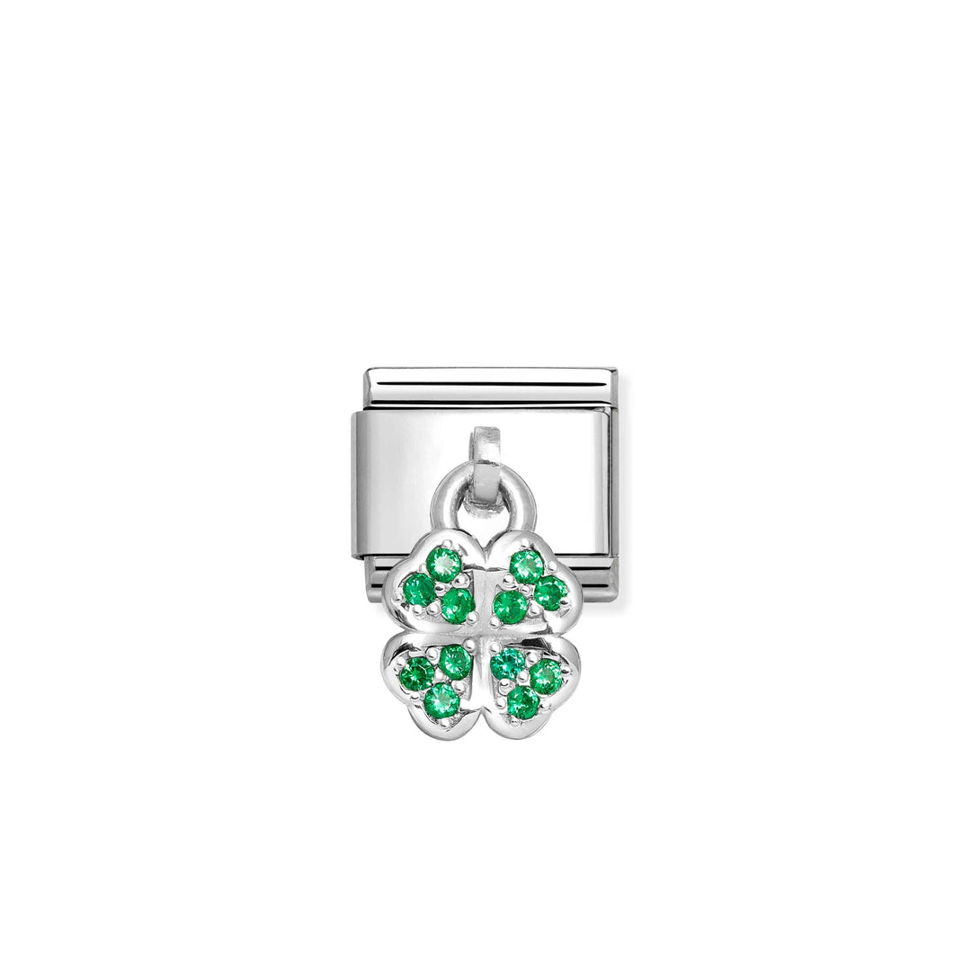 Niche Jewellery Nomination silver four leaf clover drop charm with sparkling green cubic zirconia stones.