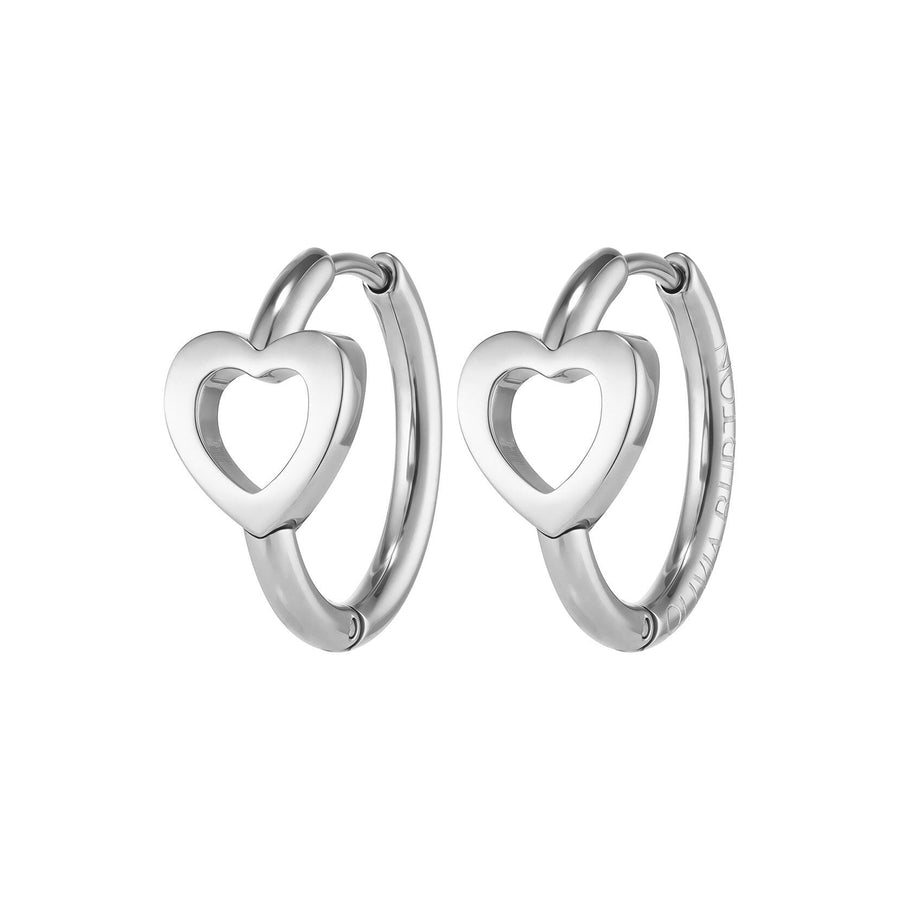 Niche Jewellery Olivia Burton silver tone hoop earrings featuring polished open heart charms on a hinged design