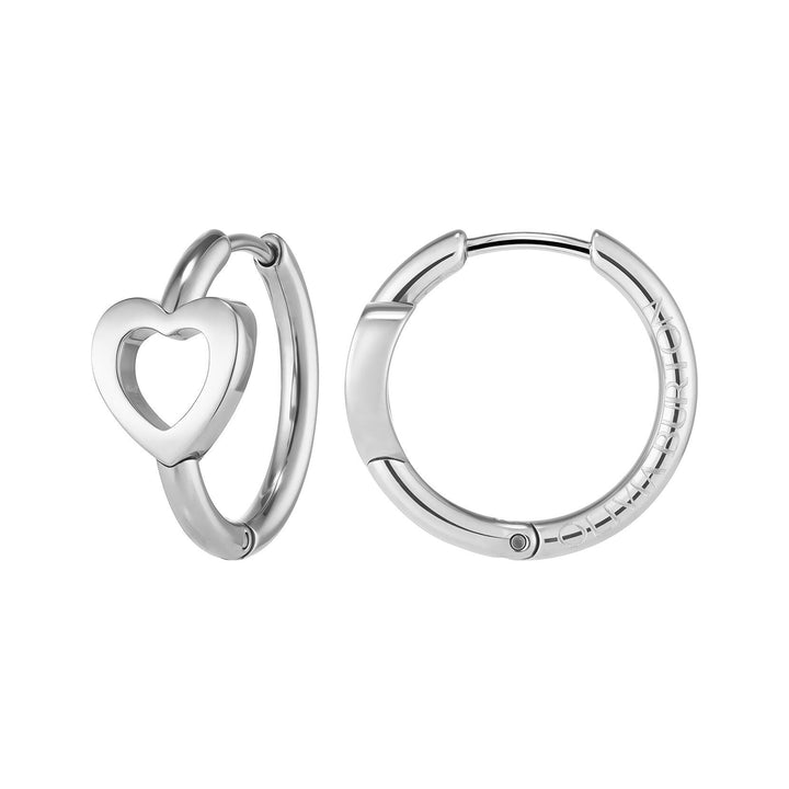 Niche Jewellery Olivia Burton silver-tone hoop earrings featuring an open heart charm and engraved branding.