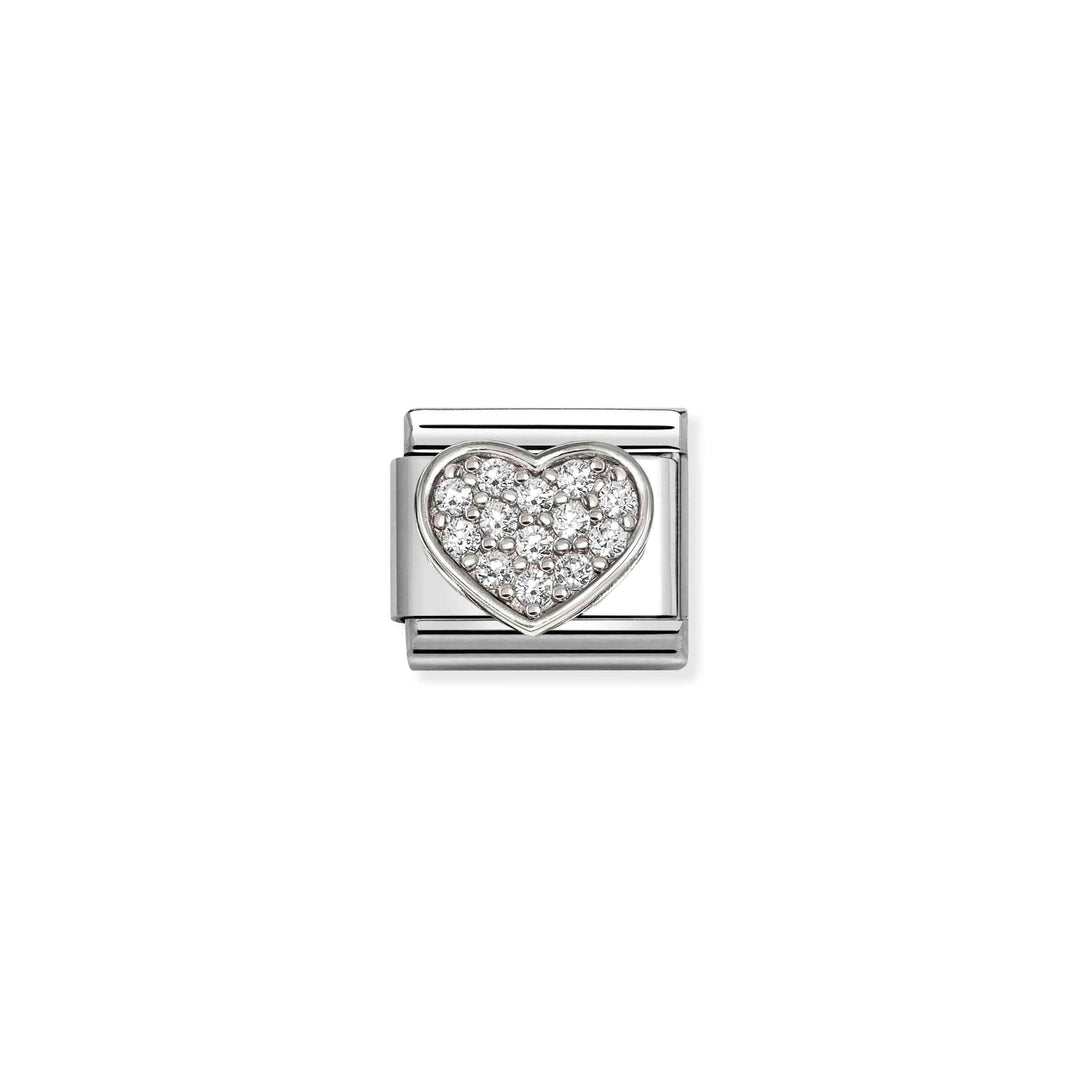 Niche Jewellery Nomination silver heart charm featuring sparkling white cubic zirconia stones on a stainless steel link