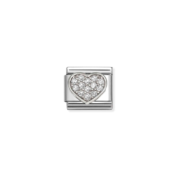 Niche Jewellery Nomination silver heart charm featuring sparkling white cubic zirconia stones on a stainless steel link
