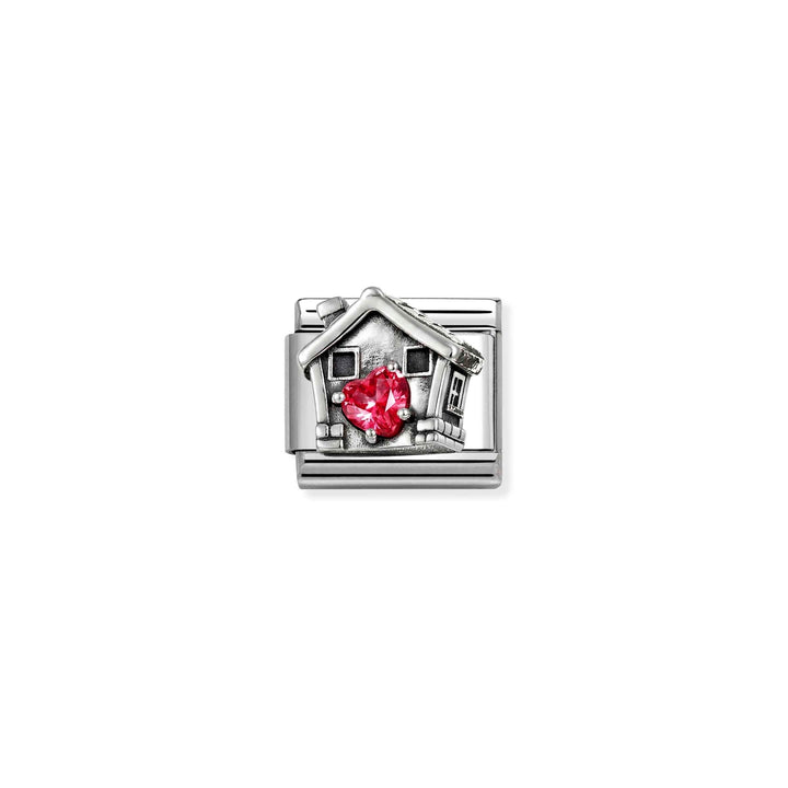 Niche Jewellery Nomination charm featuring an oxidised silver house motif with a sparkling red heart-shaped zirconia.