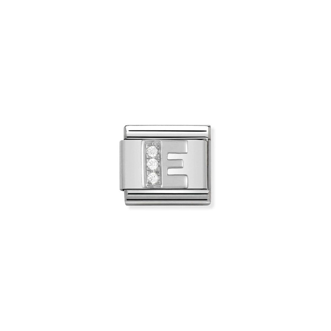 Niche Jewellery silver charm with cubic zirconia detailing the letter E. Designed for Nomination Classic Charm Bracelets.