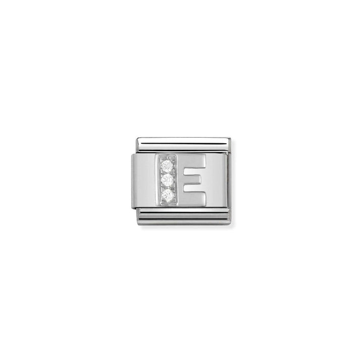 Niche Jewellery silver charm with cubic zirconia detailing the letter E. Designed for Nomination Classic Charm Bracelets.