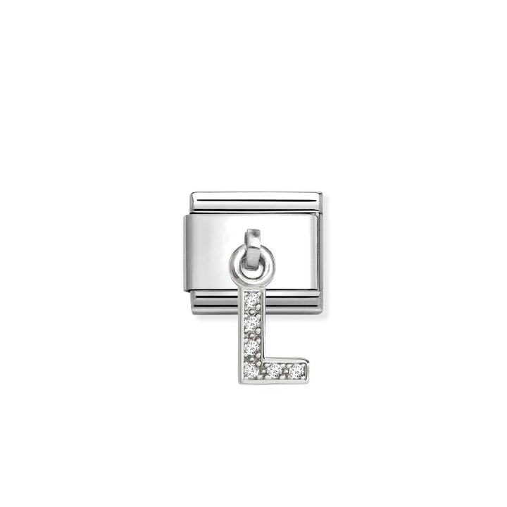 Niche Jewellery Nomination silver letter L drop charm featuring sparkling cubic zirconia stones on a classic link.