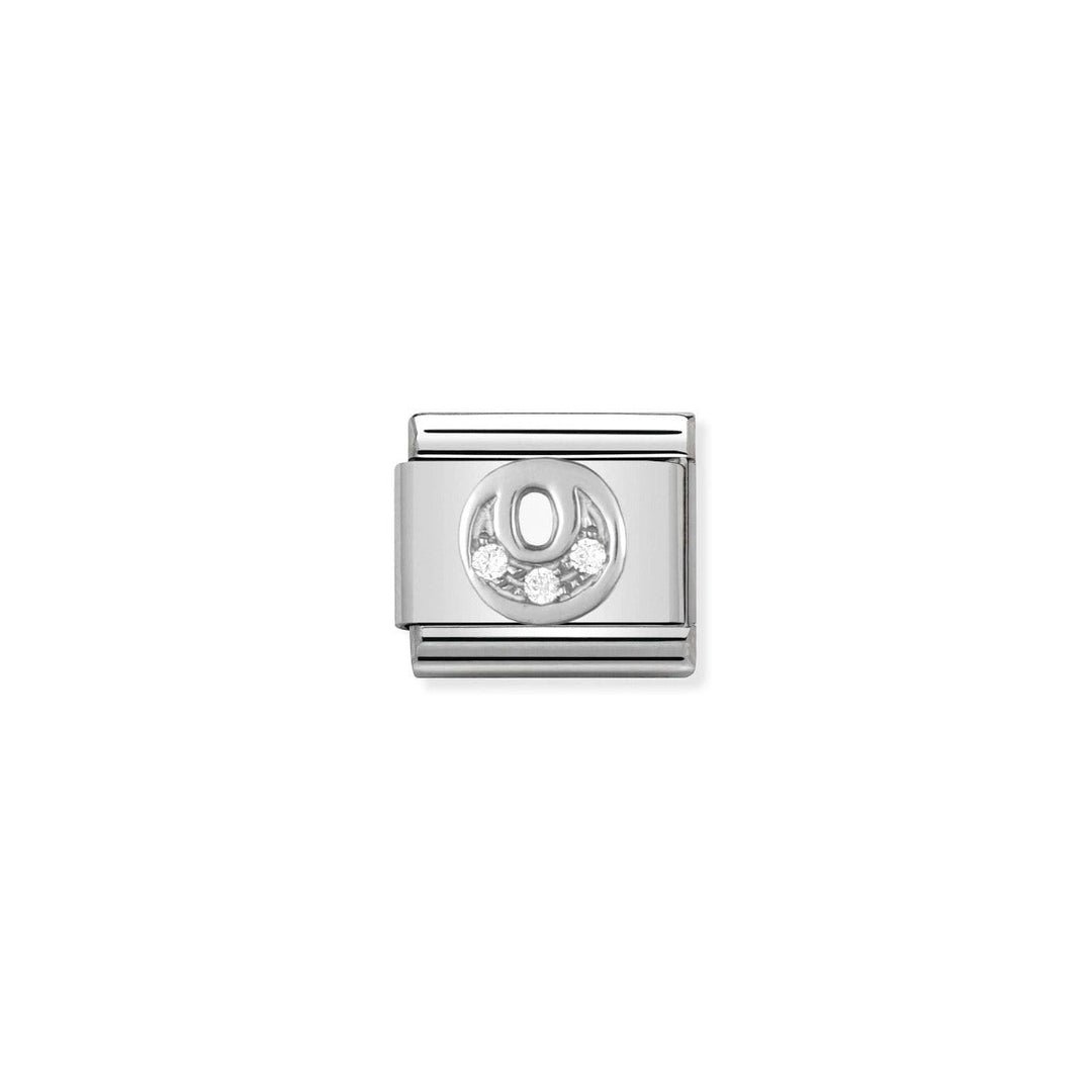 Niche Jewellery silver charm with letter O and three cubic zirconia stones.