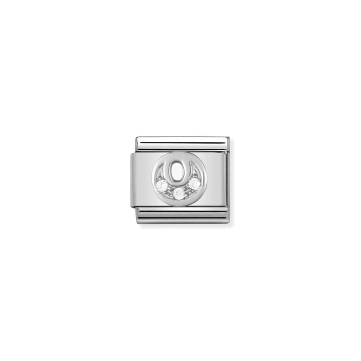 Niche Jewellery silver charm with letter O and three cubic zirconia stones.