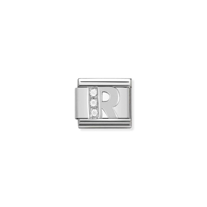 Niche Jewellery silver letter R charm with cubic zirconia detail, crafted from stainless steel and sterling silver.
