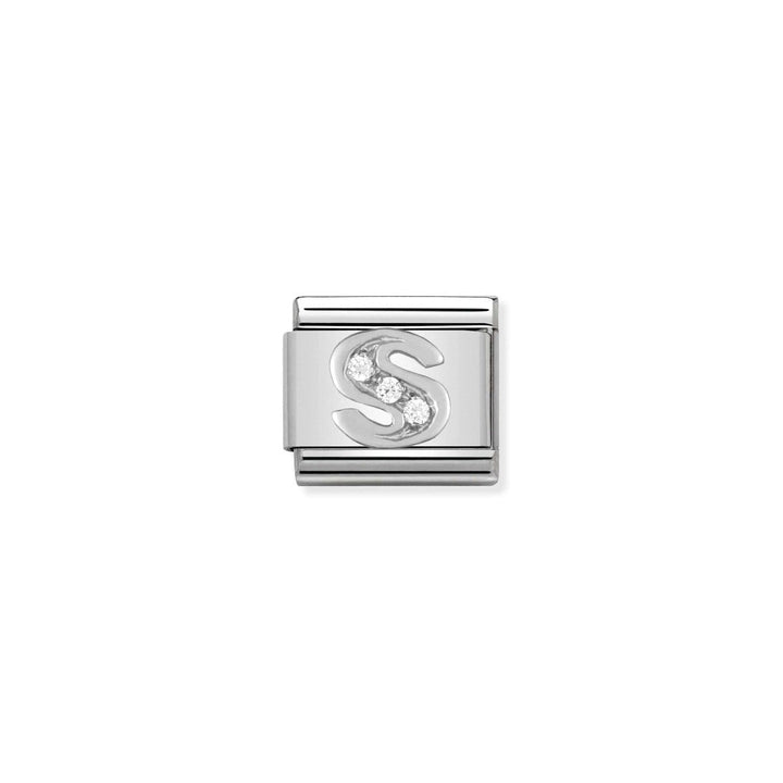 Niche Jewellery silver letter S charm with three cubic zirconia stones, crafted from stainless steel and sterling silver.