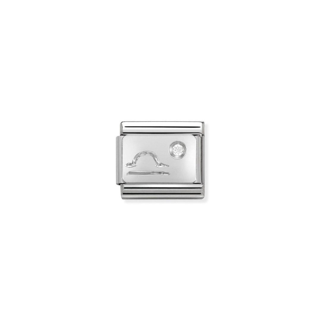 Niche Jewellery silver Libra zodiac charm with cubic zirconia detail. Crafted from stainless steel and sterling silver.