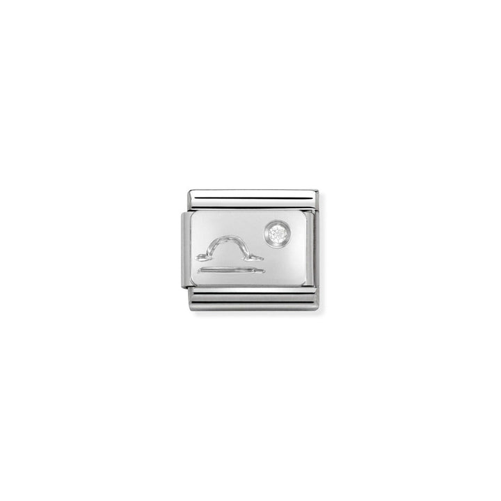 Niche Jewellery silver Libra zodiac charm with cubic zirconia detail. Crafted from stainless steel and sterling silver.