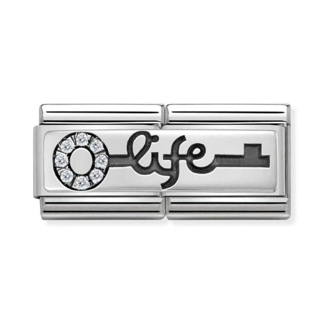 Niche Jewellery silver double link charm with a key design, cubic zirconia stones, and the word 'life'.