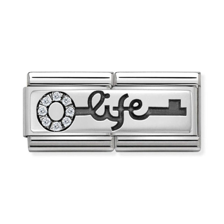 Niche Jewellery silver double link charm with a key design, cubic zirconia stones, and the word 'life'.