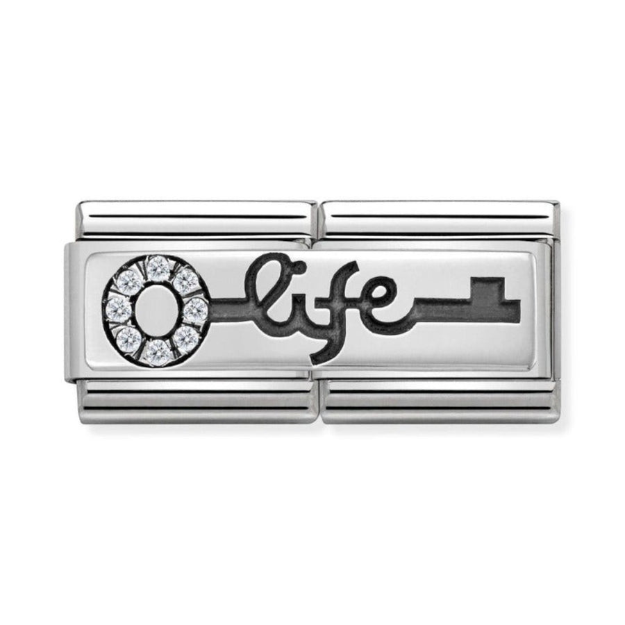 Niche Jewellery silver double link charm with a key design, cubic zirconia stones, and the word 'life'.
