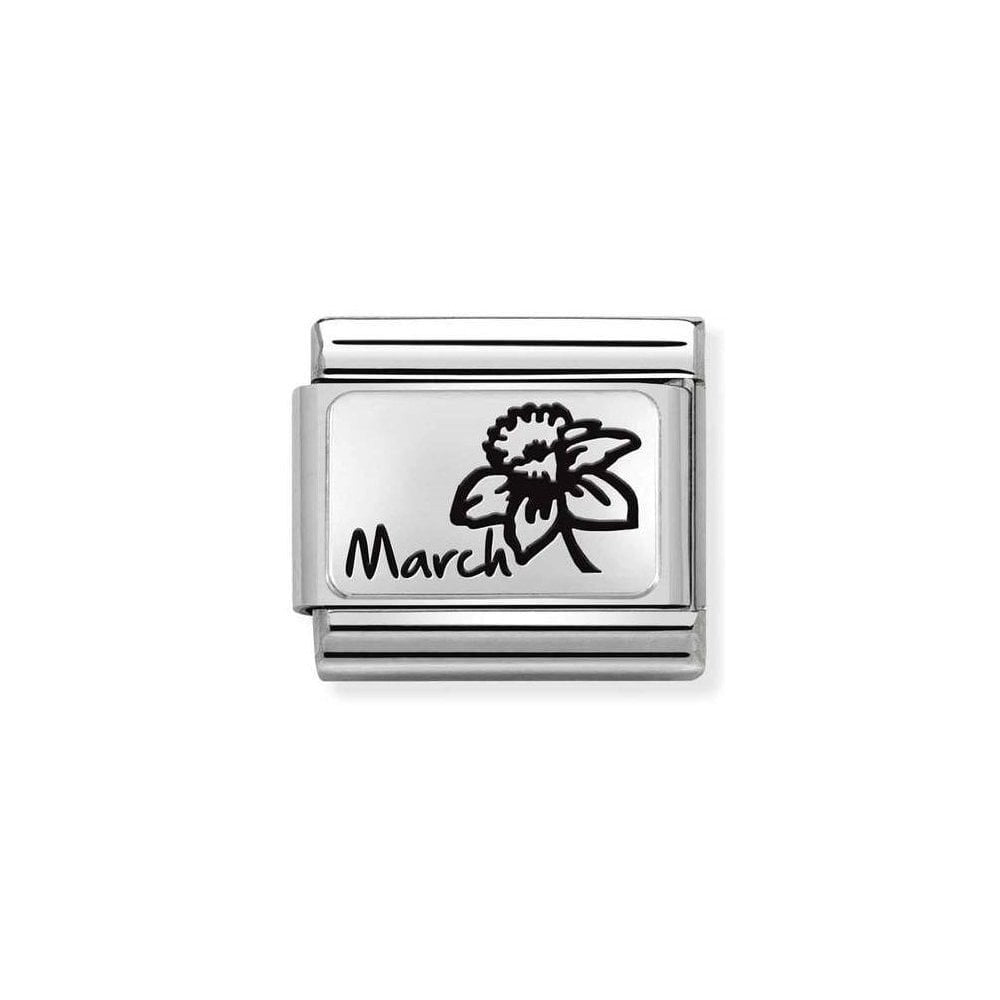 Niche Jewellery silver charm link with engraved daffodil and "March" text, representing the March birth flower.