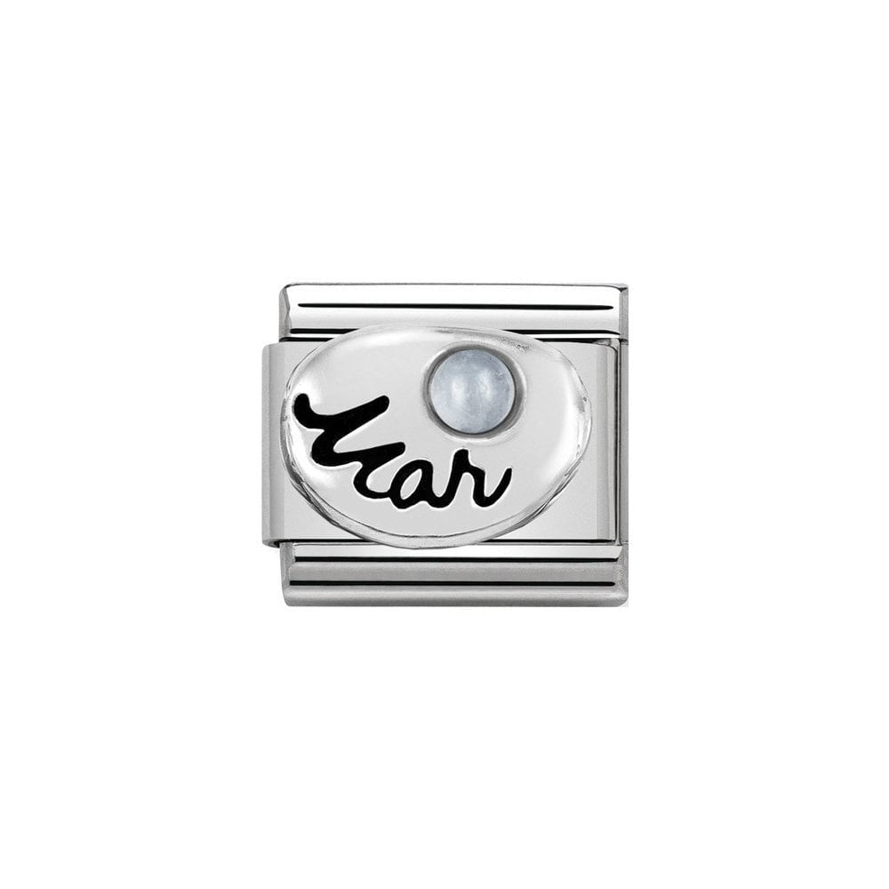 Niche Jewellery silver charm with 'Mar' inscription and aquamarine zirconia stone, for Nomination bracelets.