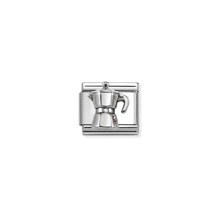 Niche Jewellery Nomination silver oxidised moka pot charm for a classic Italian stovetop coffee maker bracelet link.