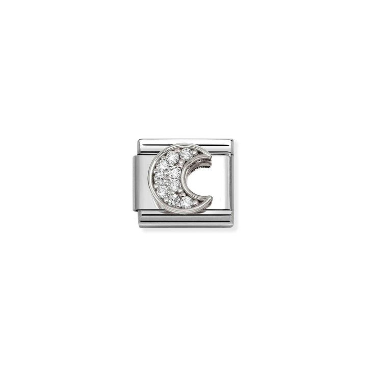 Niche Jewellery Nomination silver charm featuring a sparkling white cubic zirconia crescent moon design.