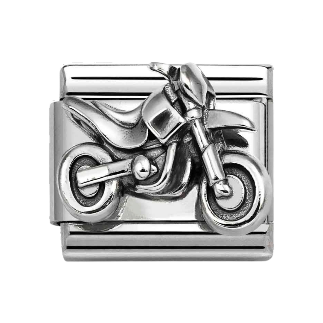 Niche Jewellery Nomination silver oxidised stainless steel motocross bike charm for classic composable bracelets.
