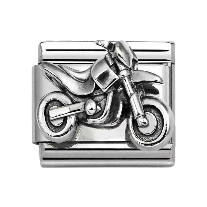 Niche Jewellery Nomination silver oxidised stainless steel motocross bike charm for classic composable bracelets.