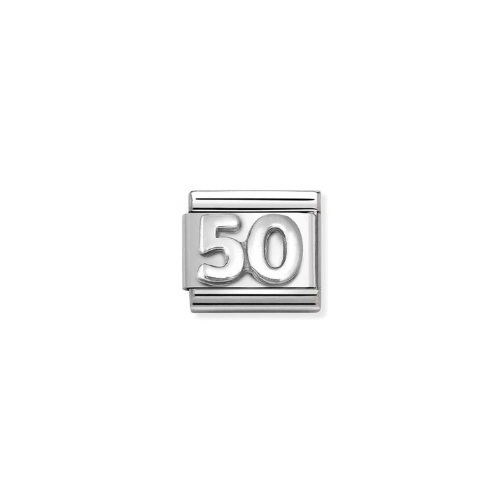 Niche Jewellery silver oxidised charm with the number 50 embossed, perfect for a 50th birthday.