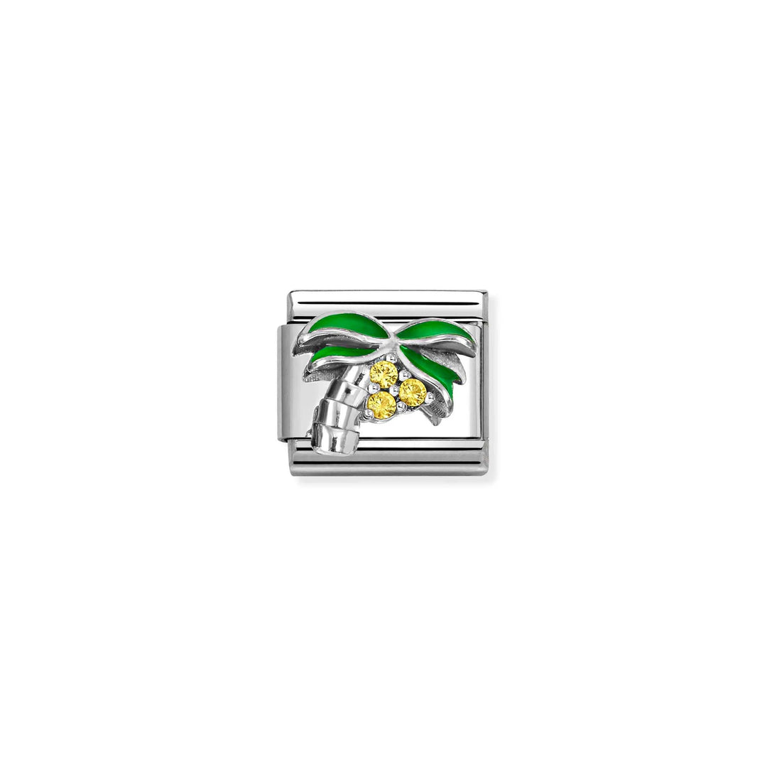 Niche Jewellery Nomination silver palm tree charm with green enamel leaves and yellow cubic zirconia on stainless steel