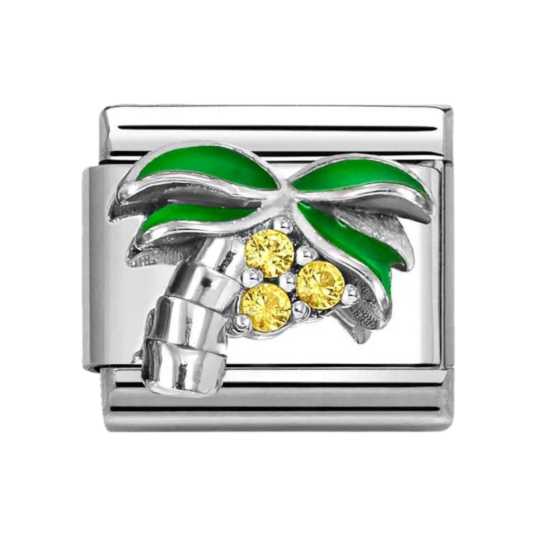 Niche Jewellery Nomination silver palm tree charm with green enamel leaves and yellow cubic zirconia on stainless steel