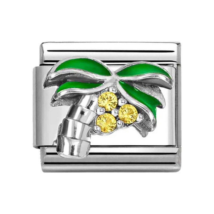 Niche Jewellery Nomination silver palm tree charm with green enamel leaves and yellow cubic zirconia on stainless steel