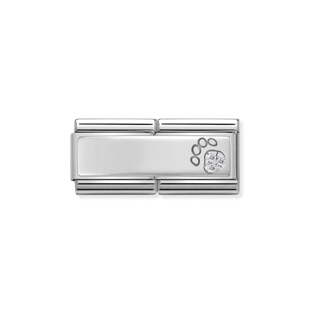Niche Jewellery sterling silver Nomination double link charm featuring a paw print design with a cubic zirconia stone.