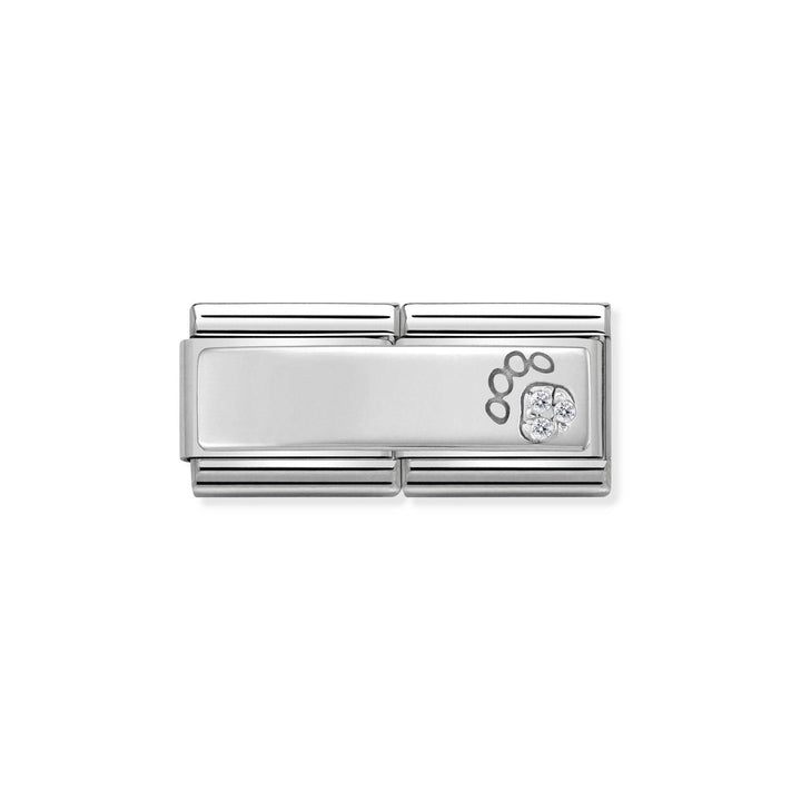 Niche Jewellery sterling silver Nomination double link charm featuring a paw print design with a cubic zirconia stone.