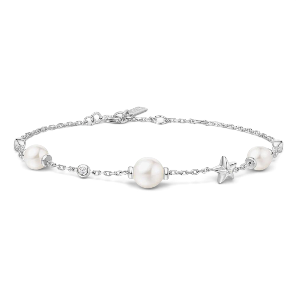 Niche Jewellery Ania Haie rhodium-plated sterling silver bracelet with white pearls and star charms on a delicate chain
