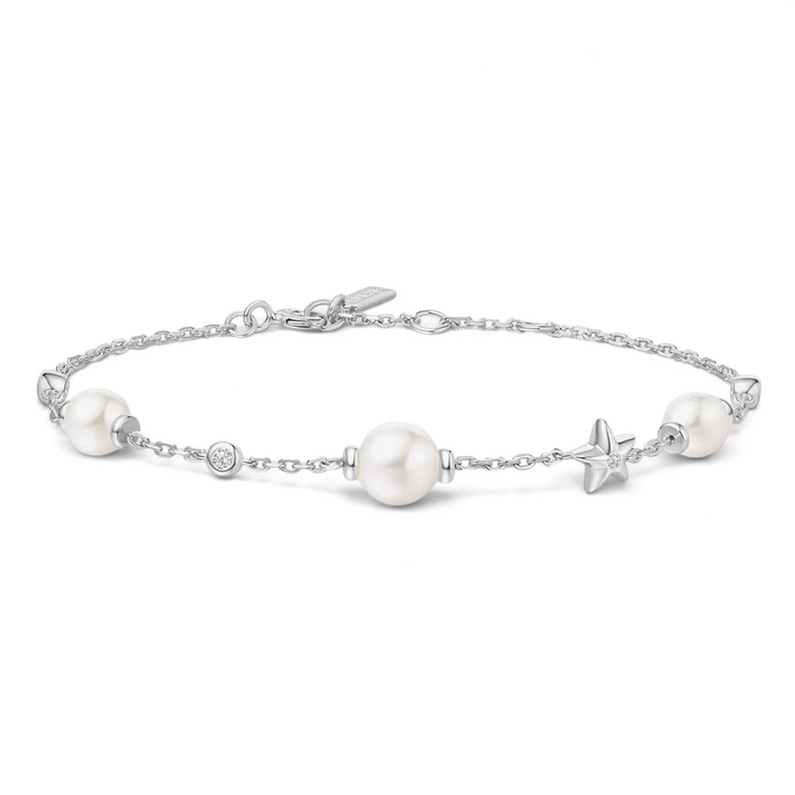 Niche Jewellery Ania Haie rhodium-plated sterling silver bracelet with white pearls and star charms on a delicate chain