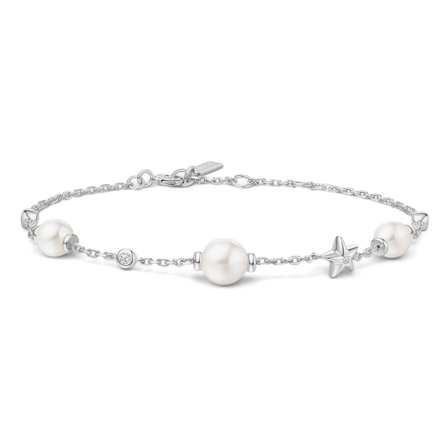Niche Jewellery Ania Haie rhodium-plated sterling silver bracelet with white pearls and star charms on a delicate chain