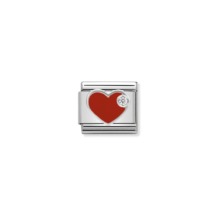 Niche Jewellery Nomination silver charm featuring a red enamel heart and a small sparkling crystal accent.