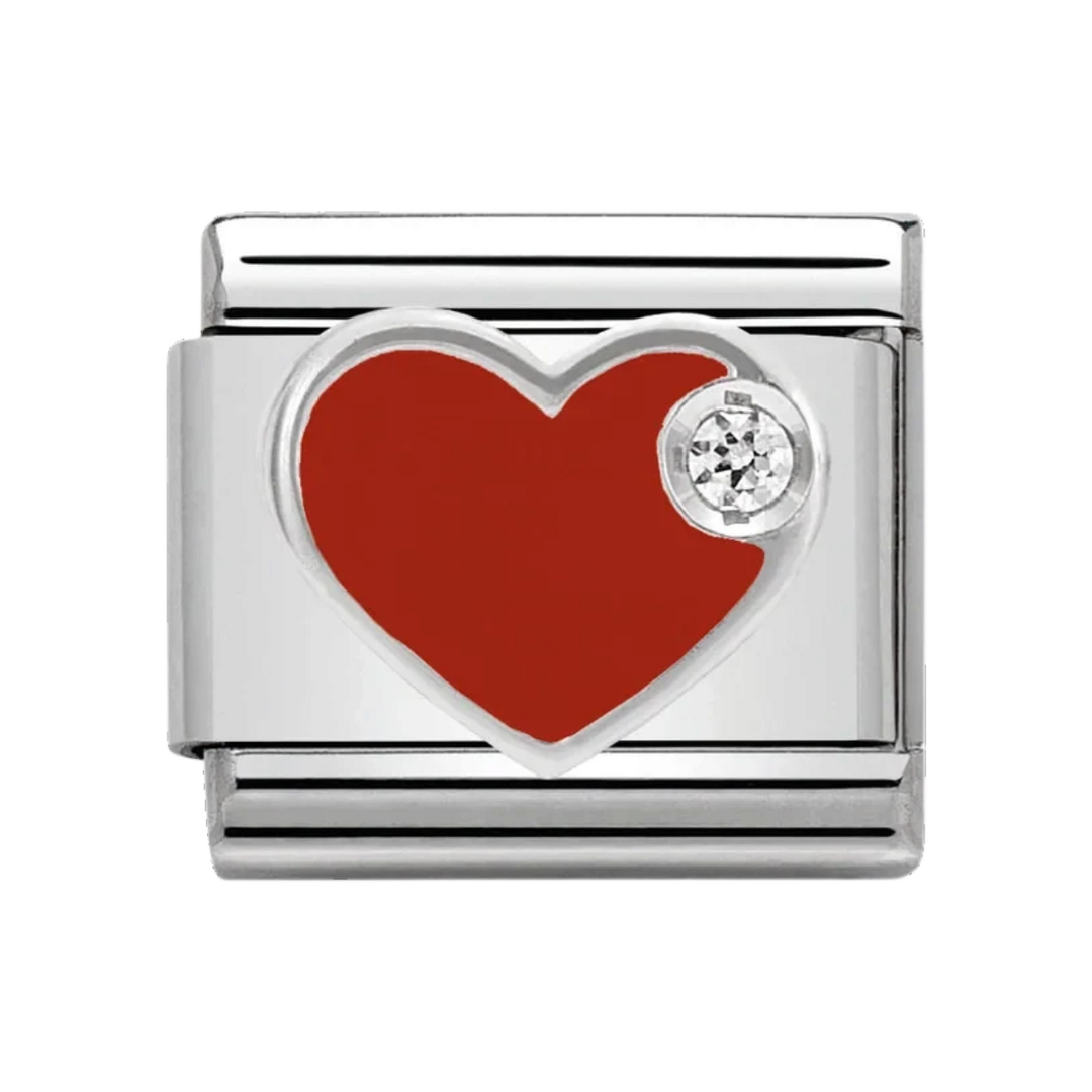 Niche Jewellery Nomination silver charm featuring a red enamel heart and a small sparkling crystal accent.