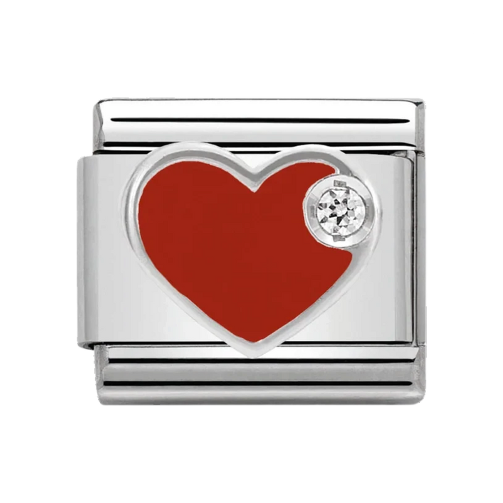 Niche Jewellery Nomination silver charm featuring a red enamel heart and a small sparkling crystal accent.