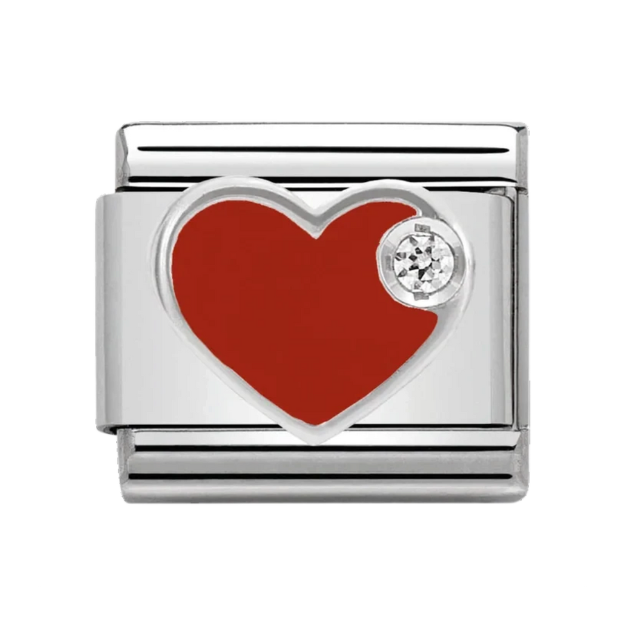 Niche Jewellery Nomination silver charm featuring a red enamel heart and a small sparkling crystal accent.
