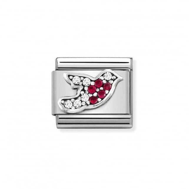 Niche Jewellery silver robin charm with red and white cubic zirconia stones.